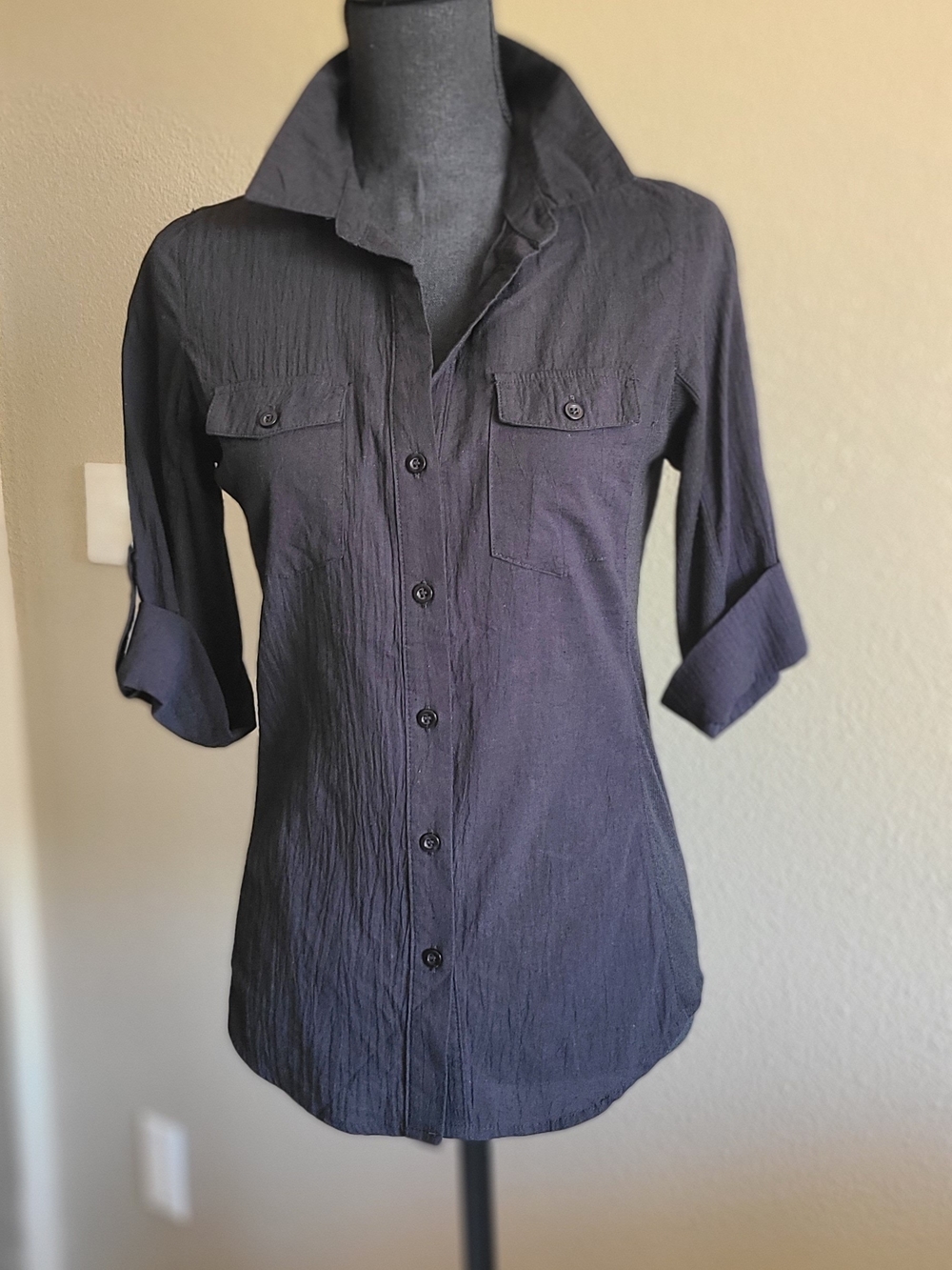 Cavalini Petite Button-Front Top in Black with Button-Up Sleeves
